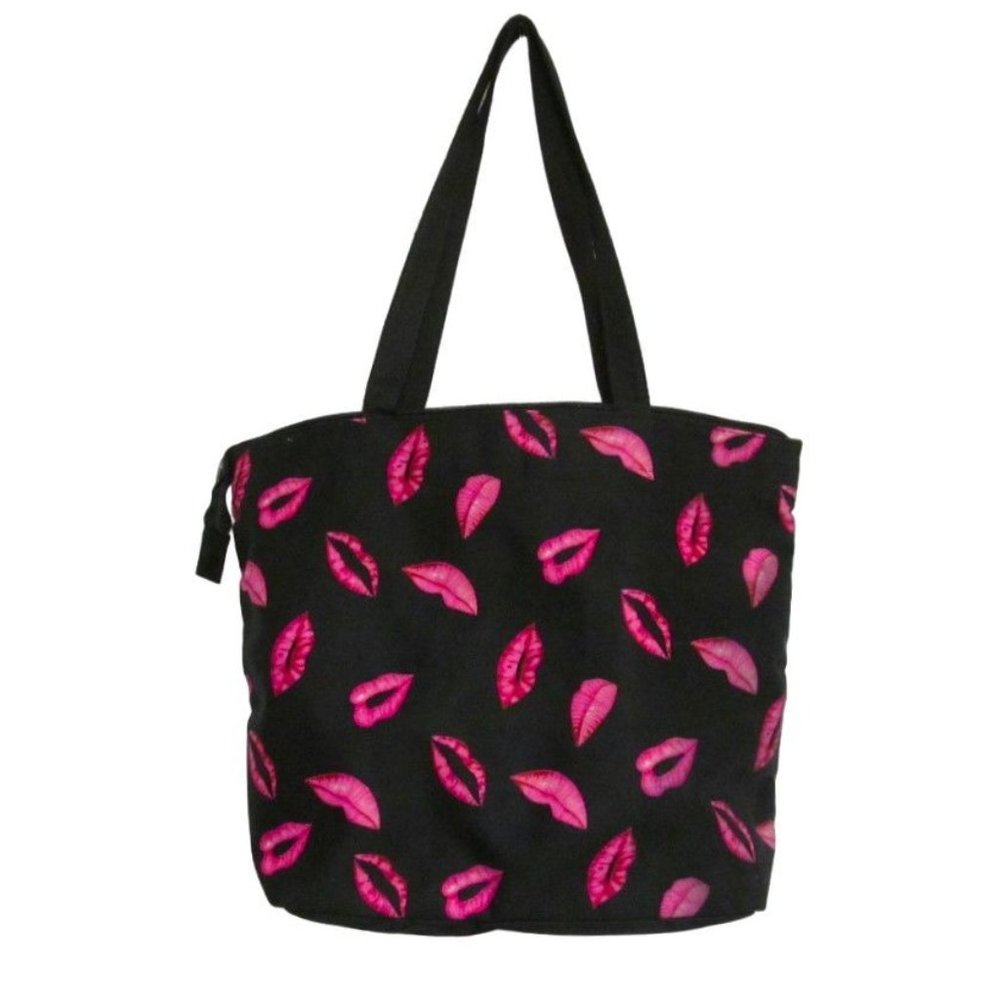 Black Canvas Tote Bag with Pink Lips Print Zipper Closure Women Handbag Large